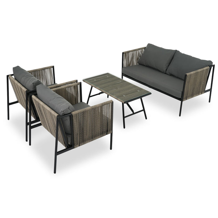 Go 4 Piece Rope Sofa Set With Thick Cushions And Toughened Glass Table, All-Weather Patio Furniture Set For 4 Person With Loveseat, Gray