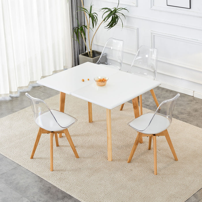 White Stone Burning Tabletop With Rubber Wooden Legs, Foldable Computer Desk, Foldable Office Desk, 4 Modern Chairs Can Rotate 360 Degrees, The Seat Cushion Is Made Of PU Material