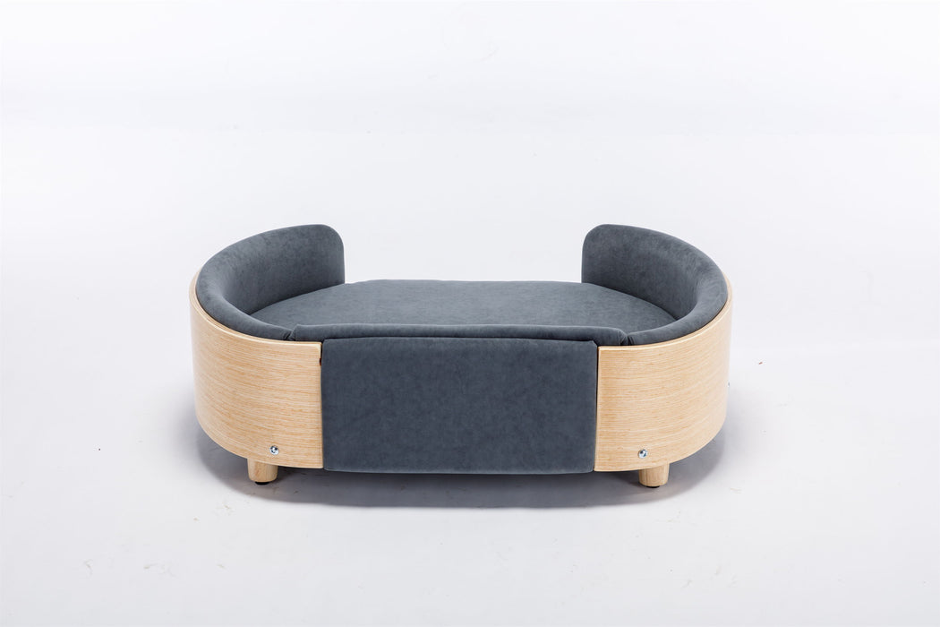 Scandinavian Style Elevated Dog Bed Pet Sofa With Solid Wood Legs And Bent Wood Back, Velvet Cushion, Mid Size, Dark Grey
