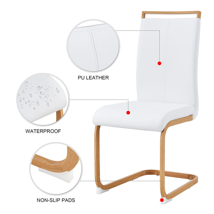 White Stone Burning Tabletop With Rubber Wooden Legs, Foldable Computer Desk, Foldable Office Desk, 4 Modern PU Leather High Back Cushion Side Chair With Wood Grain Metal Legs