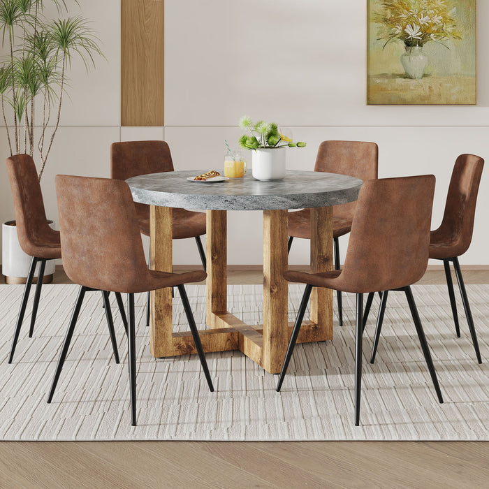 A Modern And Practical Circular Dining Table. Made Of MDF Tabletop And Wooden MDF Table Legs. A Set of 6 Brown Cushioned Chairs In A Modern Medieval Style Restaurant