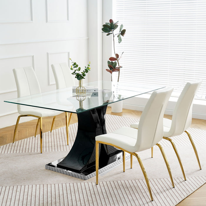 Modern Simple Table And Chair Set, One Table And Four Chairs. Transparent Tempered Glass Table Top, Solid Base. Gold Plated Metal Chair Legs (Set of 5) - White / Black