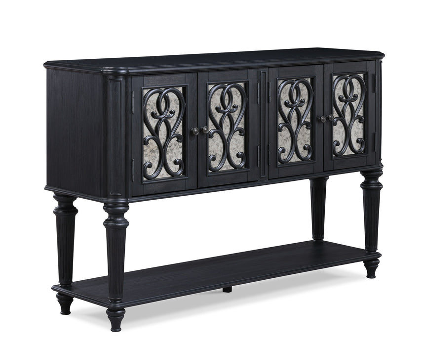 Traditional Formal Side Board Dark Brown Finish Beautifully Carved Design Open Shelve Storage Dining Room Wooden Furniture