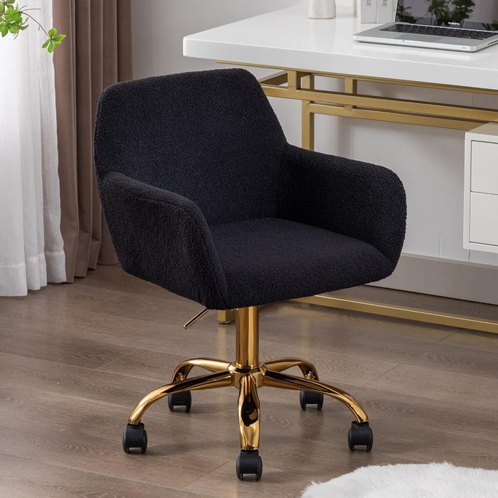 Fluffy Office Desk Chair, Faux Fur Modern Swivel Armchair With Wheels, So Feet Comfy Fuzzy Elegant Accent Makeup Vanity Chairs Home Living Dressing Room Bedroom, Black Silver Leg - Black / Silver