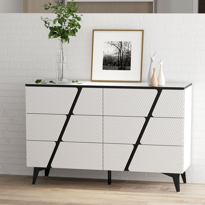 White Blister Twill Modern Six Drawer Cabinet