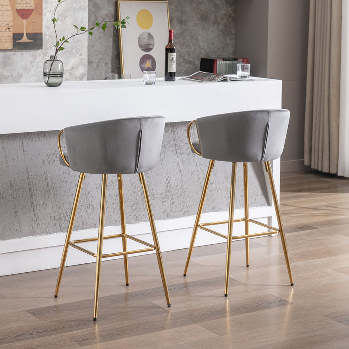 (Set of 2) Bar Stools, With Chrome Footrest And Base / Golden Leg Simple Bar Stool, Gray