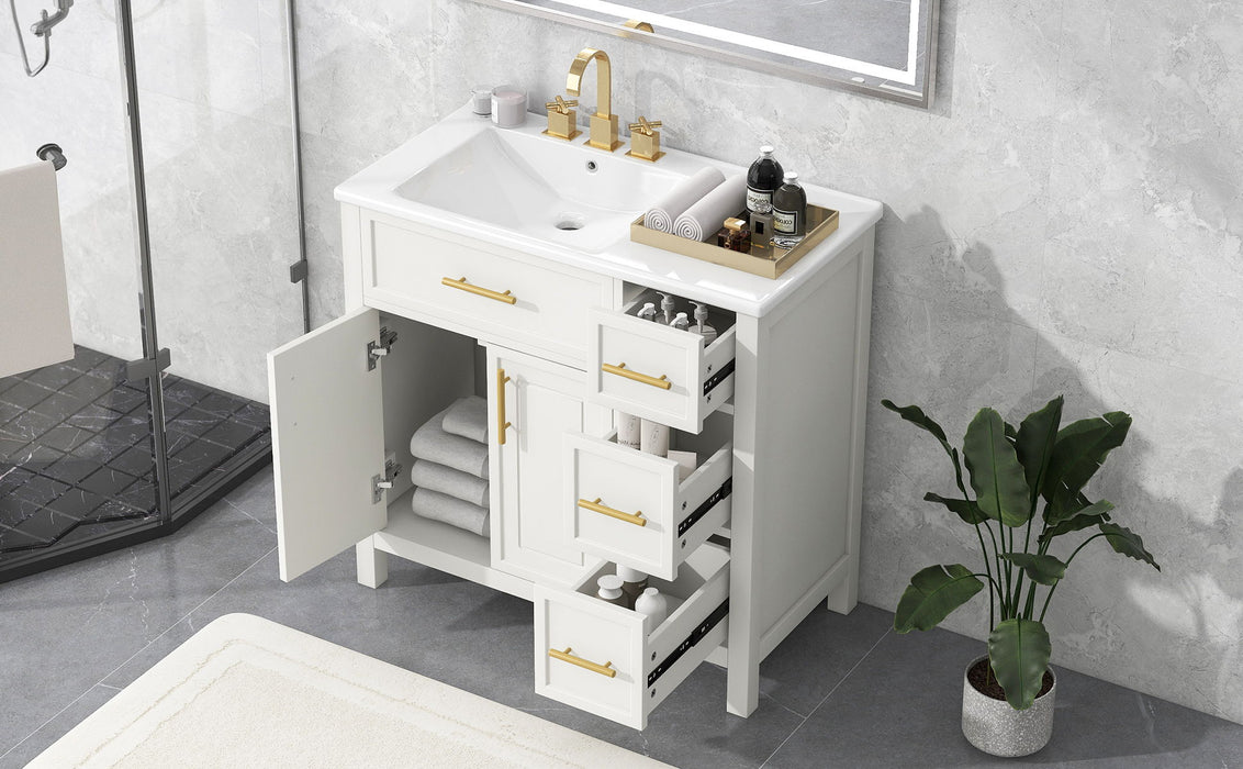 Bathroom Vanity With Sink Top, Bathroom Vanity Cabinet With Two Doors And Three Drawers, Solid Wood, MDF Boards, One Package, Off White