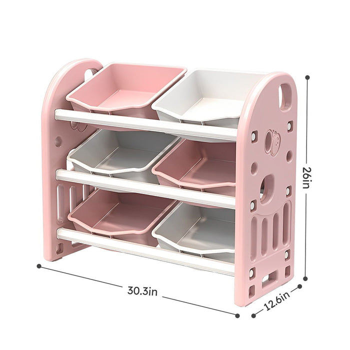Kids Toy Storage Organizer With 6 Bins, Multi-Functional Nursery Organizer Kids Furniture Set Toy Storage Cabinet Unit With Hdpe Shelf And Bins For Playroom, Bedroom, Living Room (Pink Color)