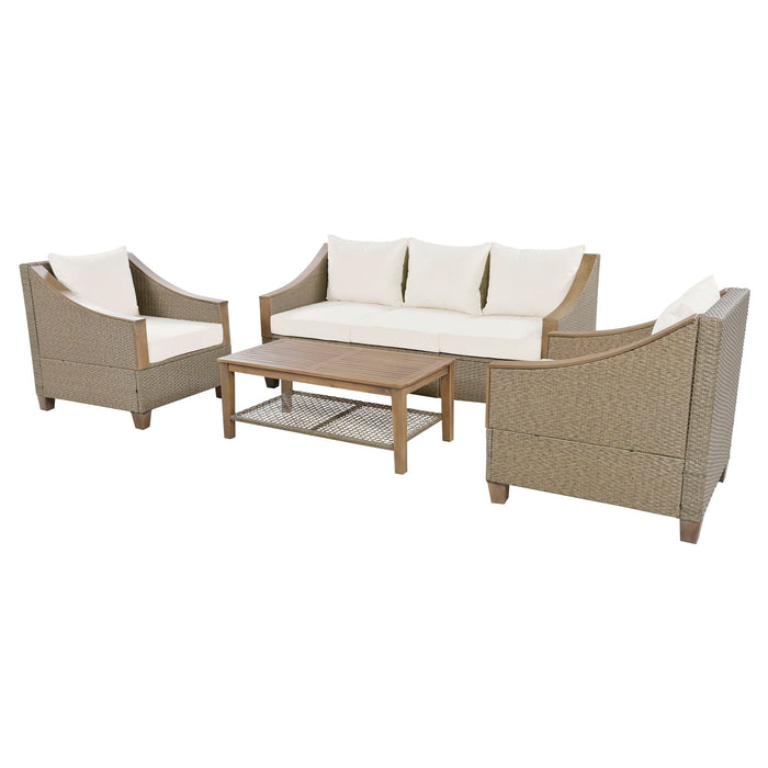 Trexm 4 Piece Rattan Outdoor Conversation Sofa Set With Wooden Coffee Table And Cushions Seating 5 People For Patio, Garden And Backyard (Brown Grey)