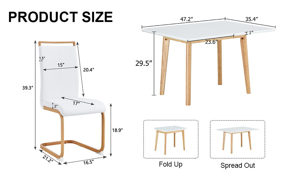 White Stone Burning Tabletop With Rubber Wooden Legs, Foldable Computer Desk, Foldable Office Desk, 4 Modern PU Leather High Back Cushion Side Chair With Wood Grain Metal Legs