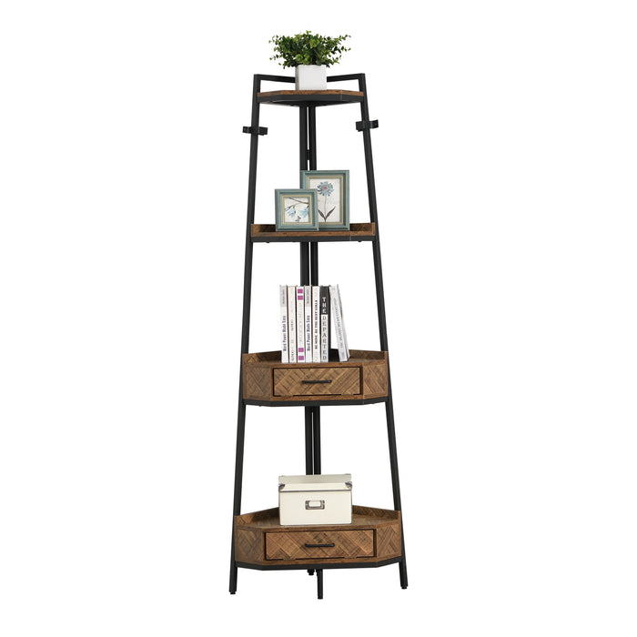 W82151008 Corner Shelf With Two Drawers 72.64'' Tall, 4-Tier Industrial Bookcase, Black