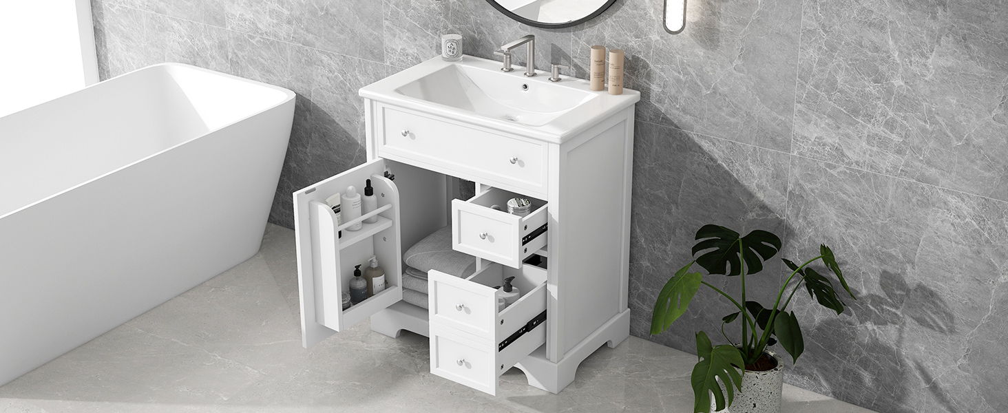 30" Bathroom Vanity With Sink Top, Bathroom Vanity Cabinet With Door And Two Drawers, MDF Boards, Solid Wood, One Package, White