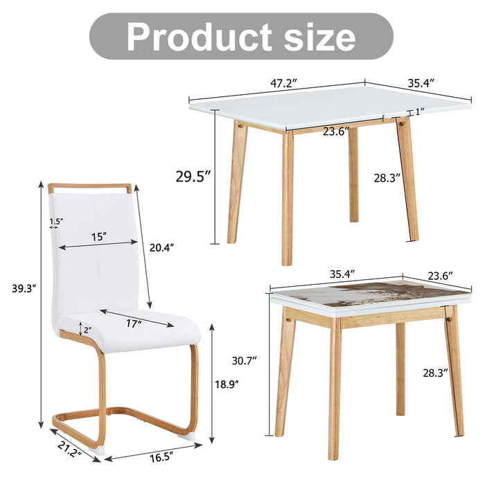 Stone Burning Tabletop With Rubber Wooden Legs, Foldable Computer Desk, Foldable Office Desk, 4 Modern PU Leather High Back Cushion Side Chair With Wood Grain Metal Legs - White