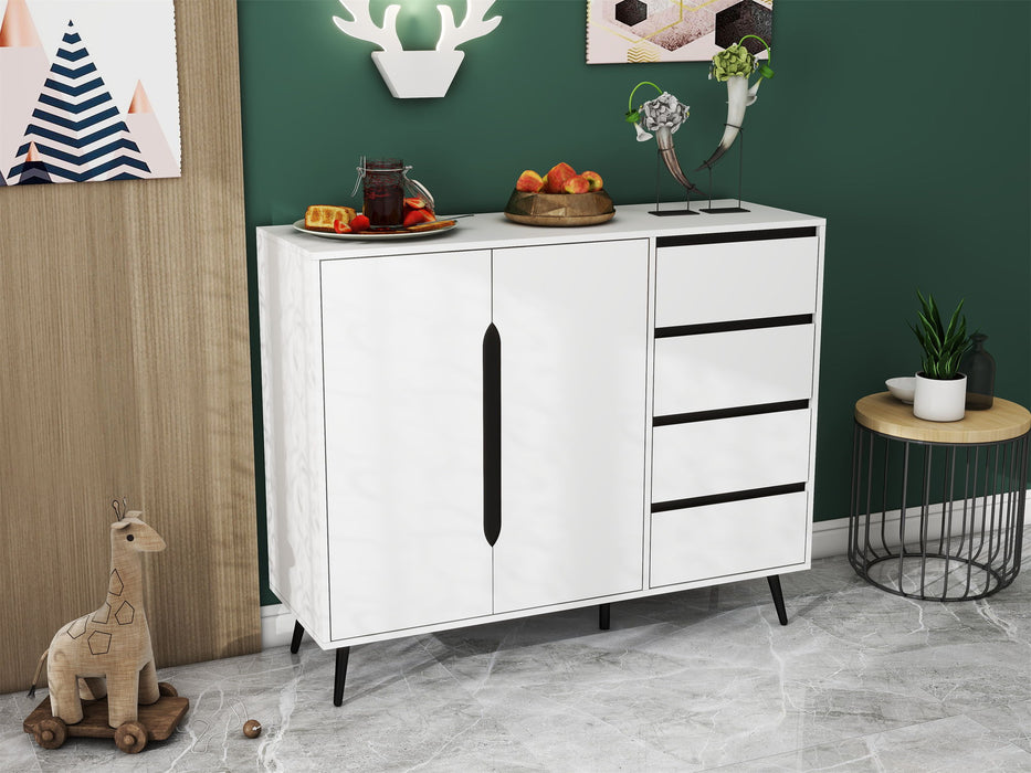 White Modern Side Cabinet With Four Drawers And Two Doors