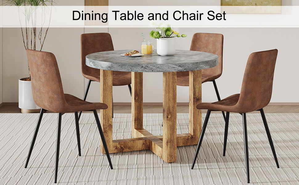 A Modern And Practical Circular Dining Table. Made Of MDF Tabletop And Wooden MDF Table Legs. A Set of 6 Brown Cushioned Chairs In A Modern Medieval Style Restaurant