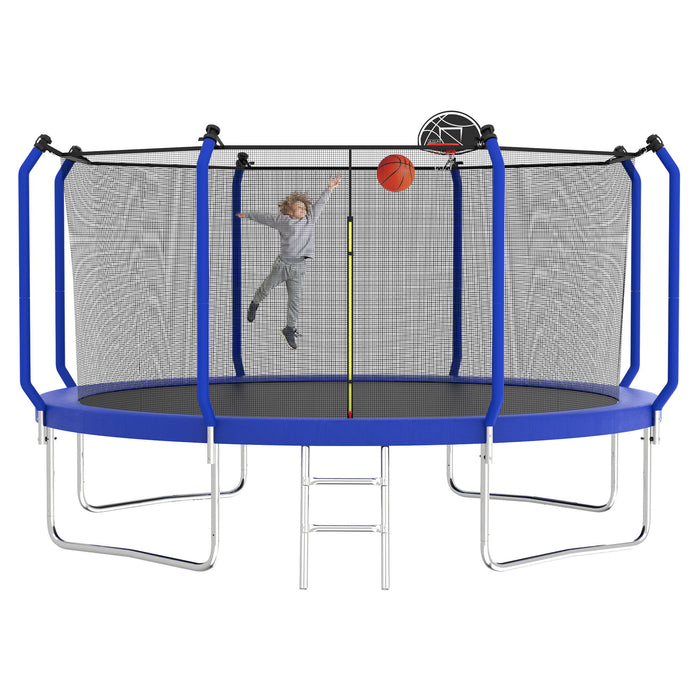 12 Feet Trampoline With Basketball Hoop, Astm Approved Reinforced Type Outdoor Trampoline With Enclosure Net
