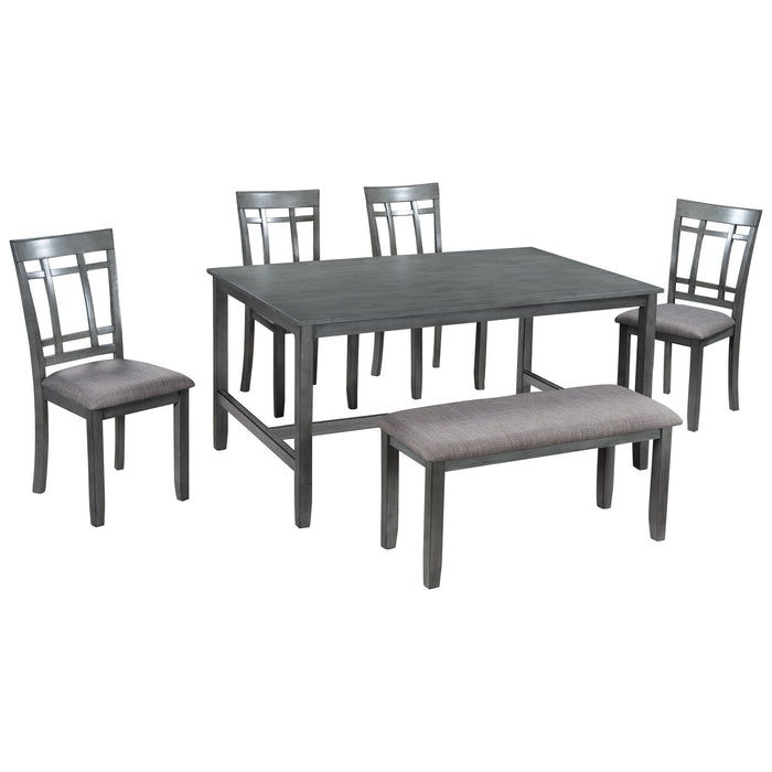 Topmax 6 Piece Wooden Dining Table Set, Kitchen Table Set With 4 Chairs And Bench, Farmhouse Rustic Style, Gray