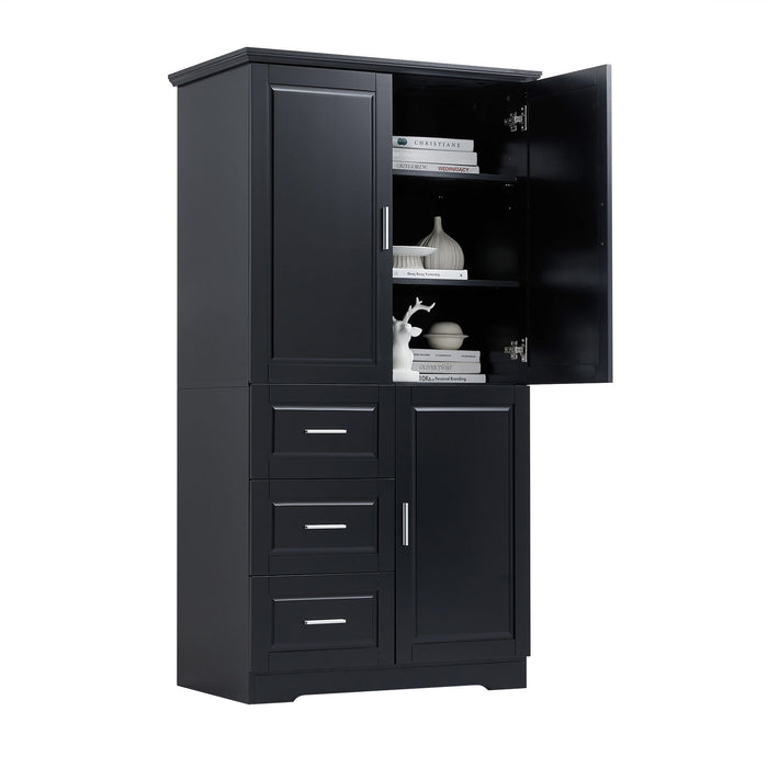 Tall And Wide Storage Cabinet With Doors For Bathroom / Office, Three Drawers, Black