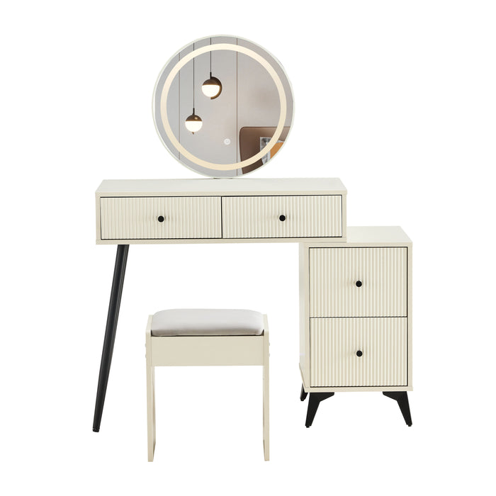 Fluted Makeup Vanity Desk With Square LED Mirror And Lights, Modern Glass Top Big Vanity Table With 4 Drawers & Adjustable Shelves, Dressing Table Set With Stools Table With Movable Side Table