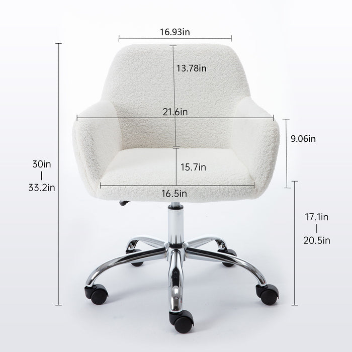 Fluffy Office Desk Chair, Faux Fur Modern Swivel Armchair With Wheels, So Feet Comfy Fuzzy Elegant Accent Makeup Vanity Chairs For Women Girls, Home Living Dressing Room Bedroom, White Silver Leg
