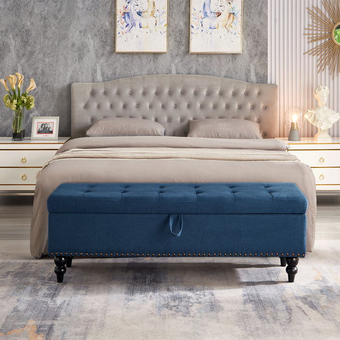 59" Bed Bench With Storage Blue Fabric