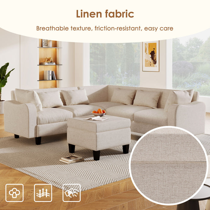 Modern Sectional Sofa With Coffee Table, 6 Seat Couch Set With Storage Ottoman, Various Combinations, L-Shape Indoor Furniture With Unique Armrests For Living Room, Apartment, 2 Colors (6 Pillows) - Beige