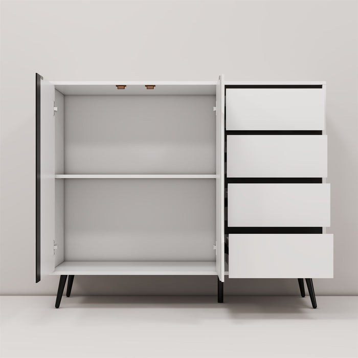 White Modern Side Cabinet With Four Drawers And Two Doors