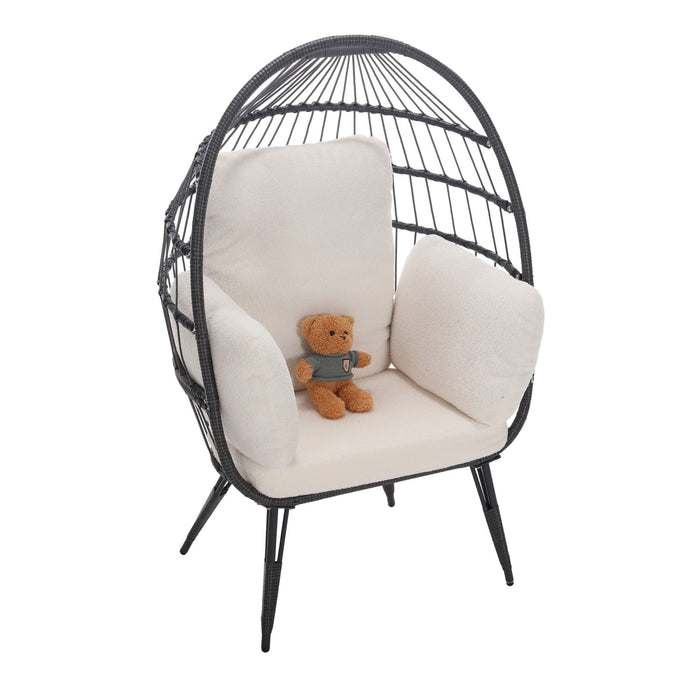 Coolmore Egg Chair Wicker Outdoor Indoor Oversized Large Lounger With Stand Cushion Egg Basket Chair 350Lbs Capacity For Patio, Garden Backyard Balcony, White Teddy