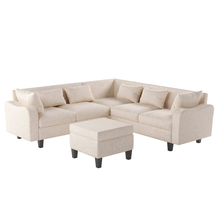 Modern Sectional Sofa With Coffee Table, 6 Seat Couch Set With Storage Ottoman, Various Combinations, L-Shape Indoor Furniture With Unique Armrests For Living Room, Apartment, 2 Colors (6 Pillows) - Beige