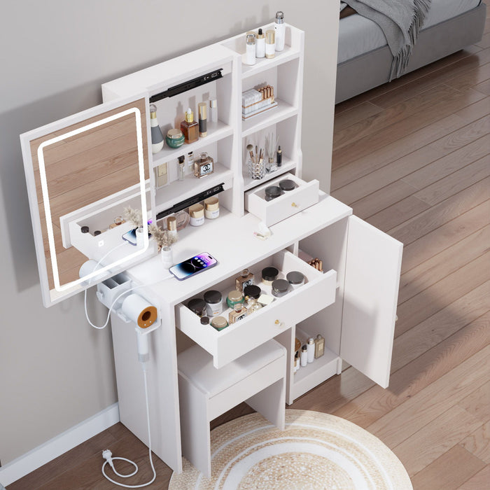 Right Cabinet Desktop Vanity Table / Cushioned Stool, With 2 Ac Power / 2 USB Socket, Extra Large Sliding LED Mirror, Tri Color, Brightness Adjustable, Large Desktop