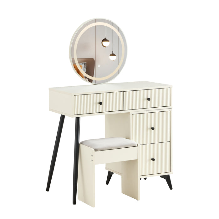 Fluted Makeup Vanity Desk With Square LED Mirror And Lights, Modern Glass Top Big Vanity Table With 4 Drawers & Adjustable Shelves, Dressing Table Set With Stools Table With Movable Side Table