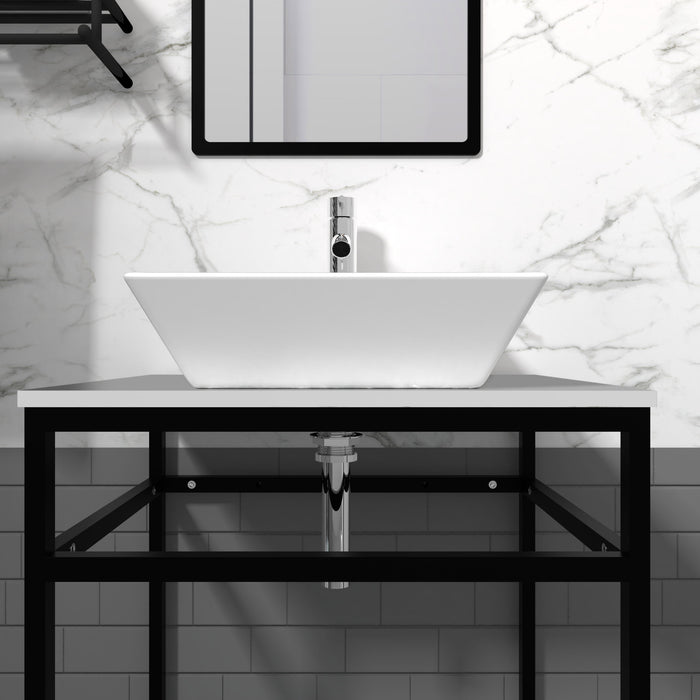 Goodyo 24" Bathroom Vanity Single Sink Countertop With Tempered Glass Open Shelf And Metal Frame, Black