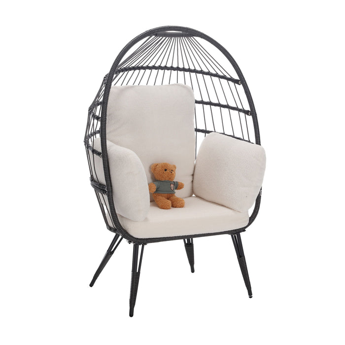 Coolmore Egg Chair Wicker Outdoor Indoor Oversized Large Lounger With Stand Cushion Egg Basket Chair 350Lbs Capacity For Patio, Garden Backyard Balcony, White Teddy