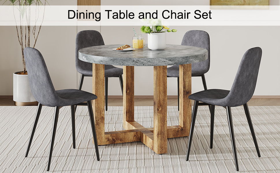 A Modern And Practical Circular Dining Table. Made Of MDF Tabletop And Wooden MDF Table Legs. A Set of 6 Cushioned Chairs