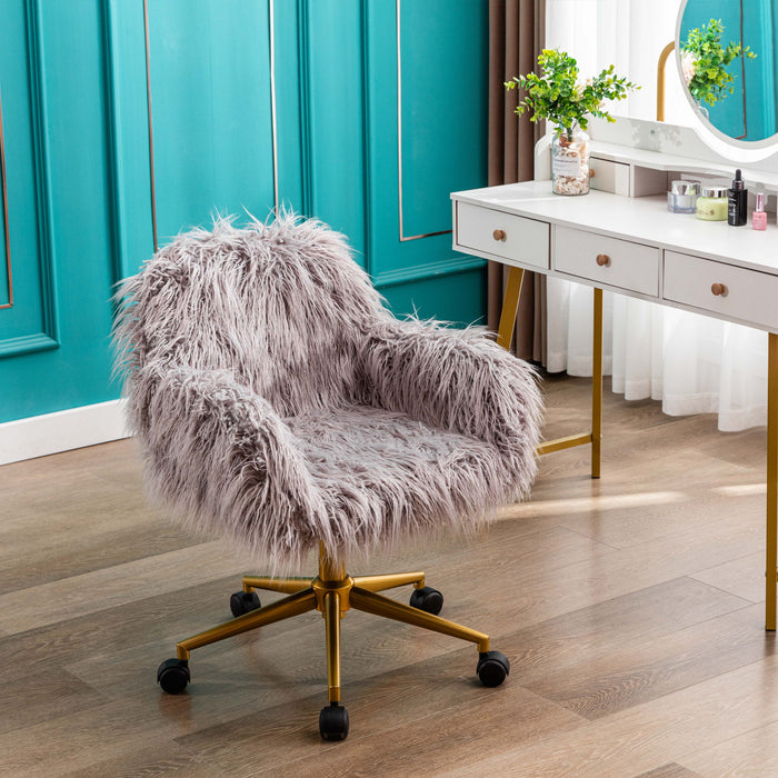 Fluffy Office Desk Chair, Faux Fur Modern Swivel Armchair With Wheels, So Feet Comfy Fuzzy Elegant Accent Makeup Vanity Chairs For Women Girls, Home Living Dressing Room Bedroom, Grey Fake Fur Golden Leg - White / Gold