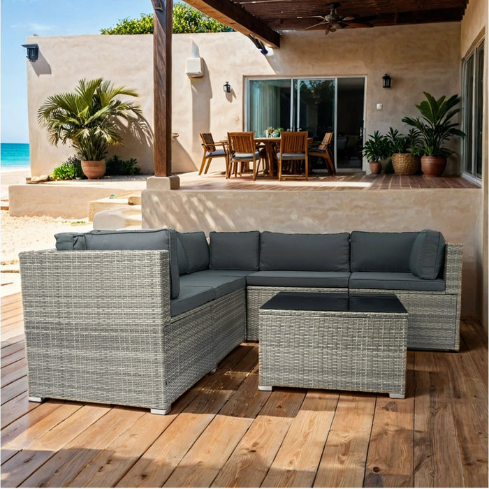 6 Pieces PE Rattan Sectional Outdoor Furniture Cushioned Sofa Set Grey Wicker, Dark Grey Cushion
