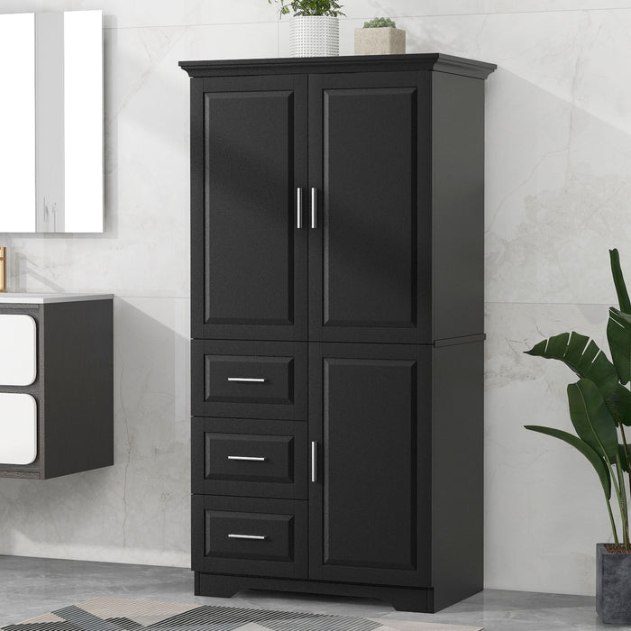 Tall And Wide Storage Cabinet With Doors For Bathroom / Office, Three Drawers, Black