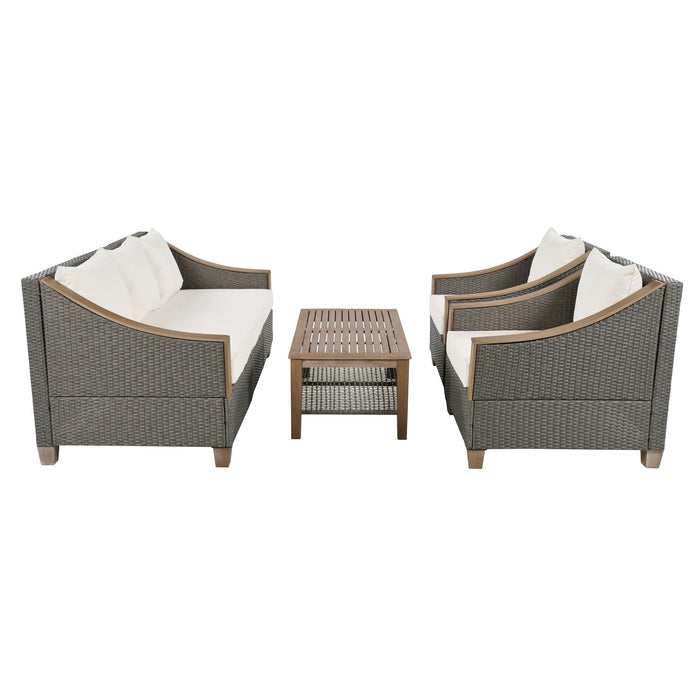 Trexm 4 Piece Rattan Outdoor Conversation Sofa Set With Wooden Coffee Table And Cushions Seating 5 People For Patio, Garden And Backyard (Grey)