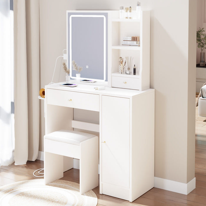 Right Cabinet Desktop Vanity Table / Cushioned Stool, With 2 Ac Power / 2 USB Socket, Extra Large Sliding LED Mirror, Tri Color, Brightness Adjustable, Large Desktop