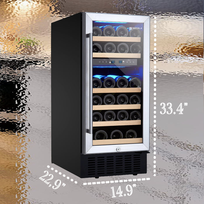 Sotola 15" Wine Cooler Refrigerators 28 Bottle Fast Cooling Low Noise Wine Fridge With Professional Compressor Stainless Steel, Digital Temperature Control Screen Built-In Or Freestanding - Black