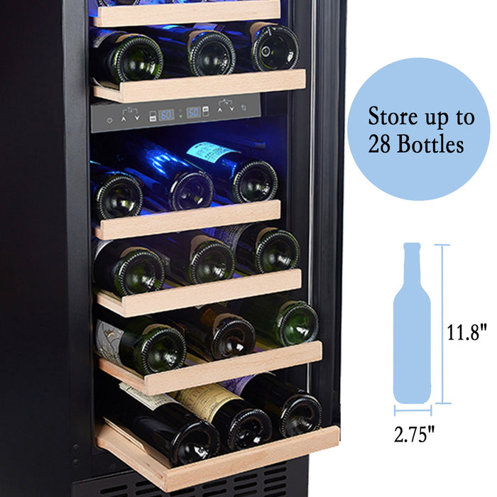 Sotola 15" Wine Cooler Refrigerators 28 Bottle Fast Cooling Low Noise Wine Fridge With Professional Compressor Stainless Steel, Digital Temperature Control Screen Built-In Or Freestanding - Black