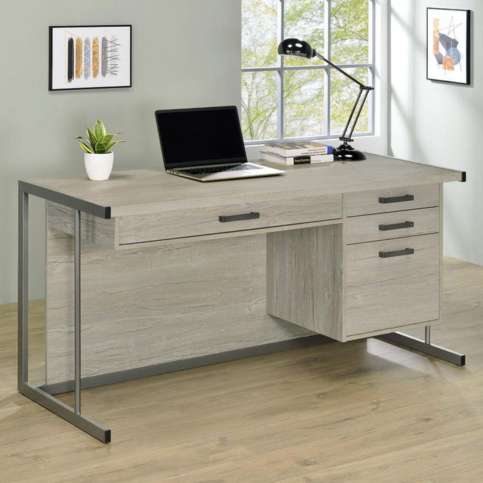 4 Drawer Rectangular Office Desk In Whitewashed Grey And Gunmetal