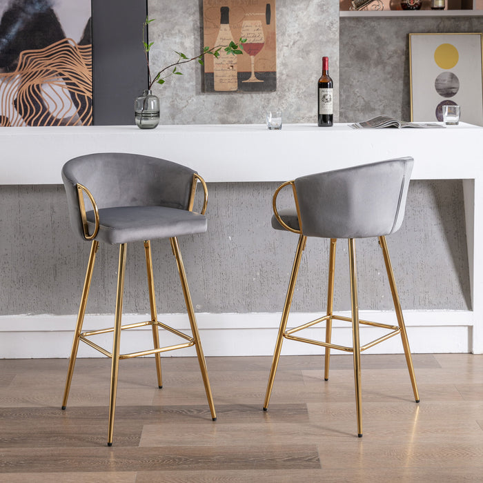 (Set of 2) Bar Stools, With Chrome Footrest And Base / Golden Leg Simple Bar Stool, Gray
