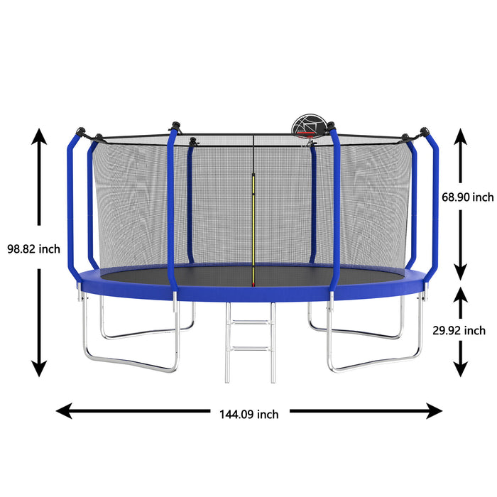 12 Feet Trampoline With Basketball Hoop, Astm Approved Reinforced Type Outdoor Trampoline With Enclosure Net