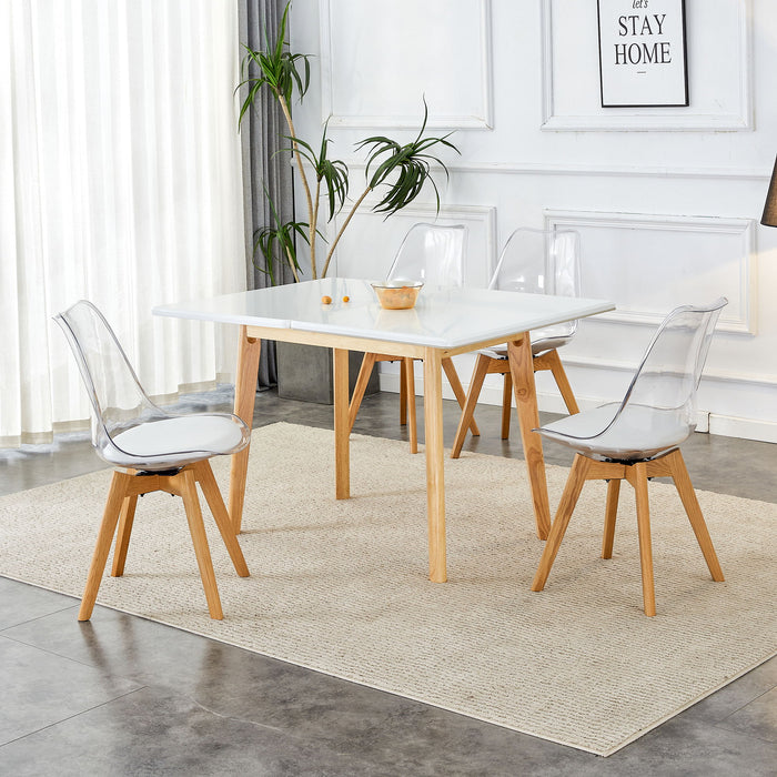 White Stone Burning Tabletop With Rubber Wooden Legs, Foldable Computer Desk, Foldable Office Desk, 4 Modern Chairs Can Rotate 360 Degrees, The Seat Cushion Is Made Of PU Material
