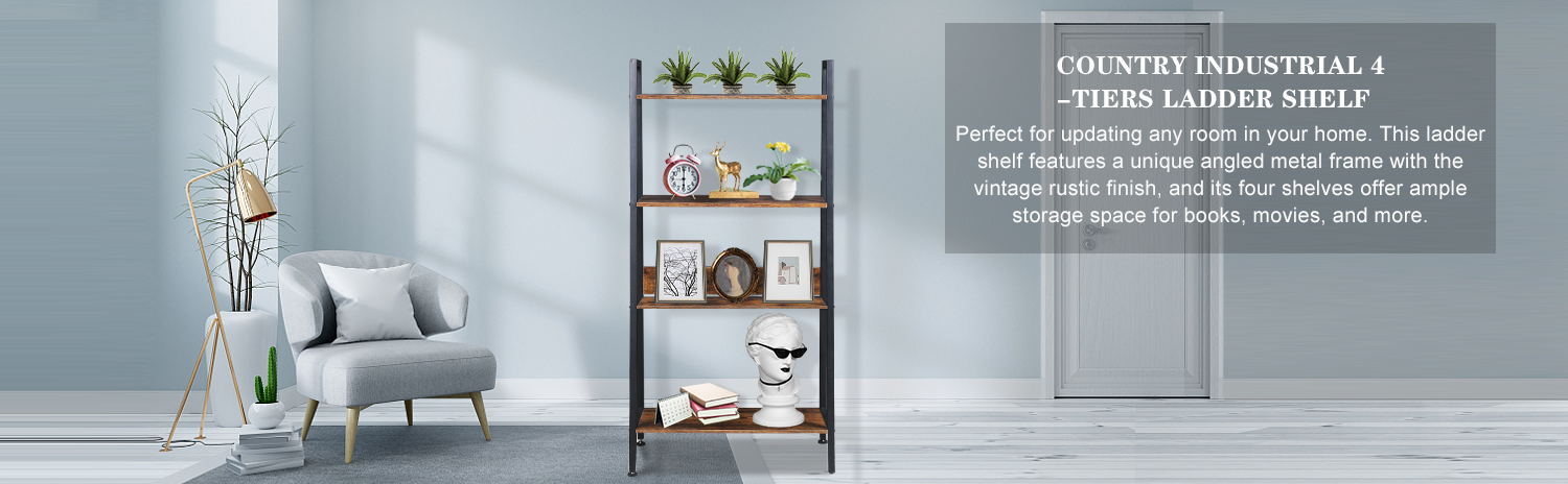 Yssoa 4 Tier Ladder Bookshelf Organizer, Rustic Brown Ladder Shelf For Home & Office, Wood Board & Metal Frame