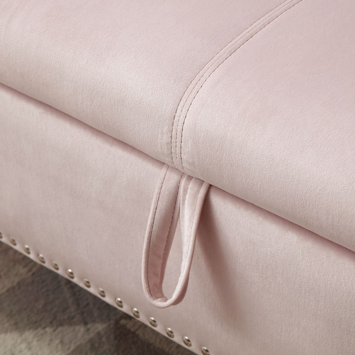 Aijia 63" Velvet Multifunctional Storage Rectangular Sofa Stool Buttons Tufted Nailhead Trimmed Solid Wood Legs With 1 Pillow, Light Pink