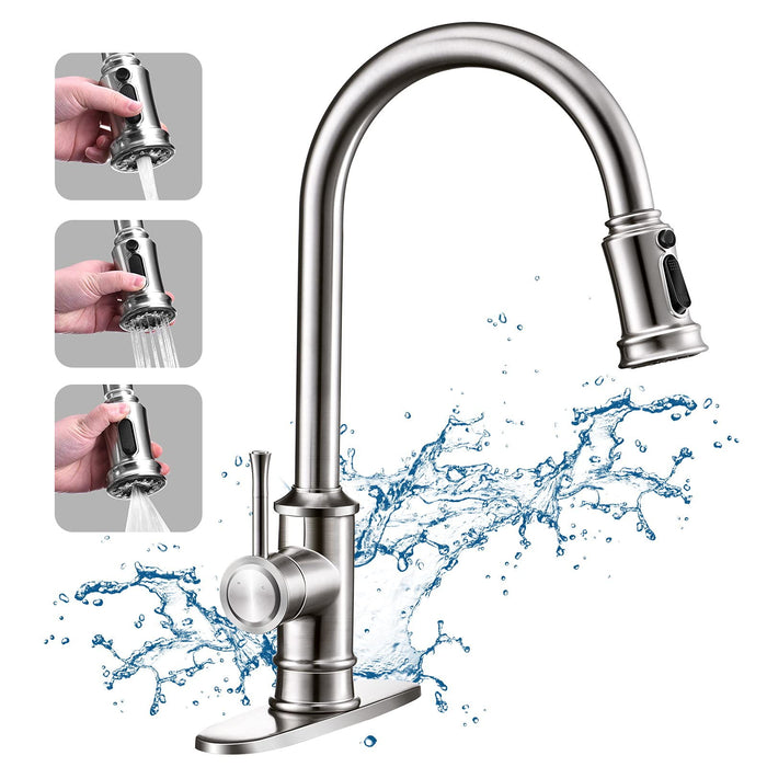 Kitchen Faucet - 3 Modes Pull Down Sprayer Kitchen Sink Faucet, Brushed Nickel Kitchen Faucet Single Handle, 1Or3 Holes With Deck Plate, 100% Lead - Free For Rv / House