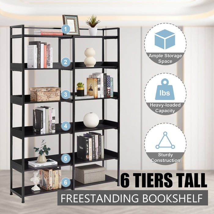 70.8" Tall Bookshelf MDF Boards Stainless Steel Frame, 6-Tier Shelves With Back & Side Panel, Adjustable Foot Pads, Black