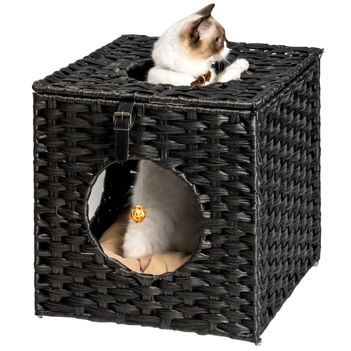 Rattan Cat Litter, Cat Bed With Rattan Ball And Cushion, Black